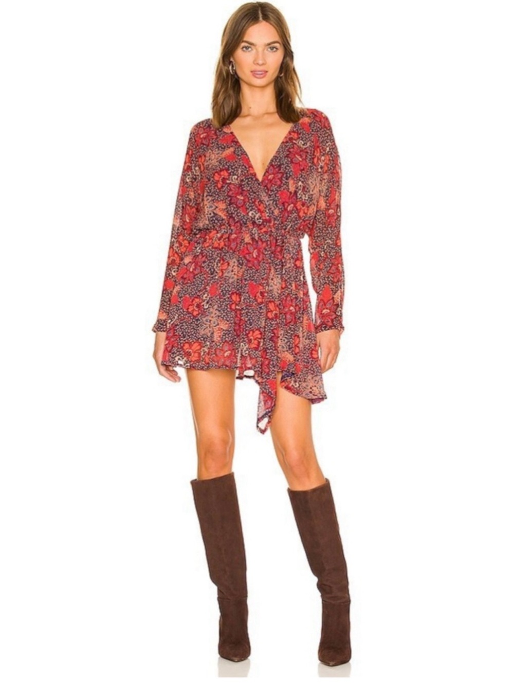 Free People Red Floral V-Neck Long-Sleeve Mini Dress